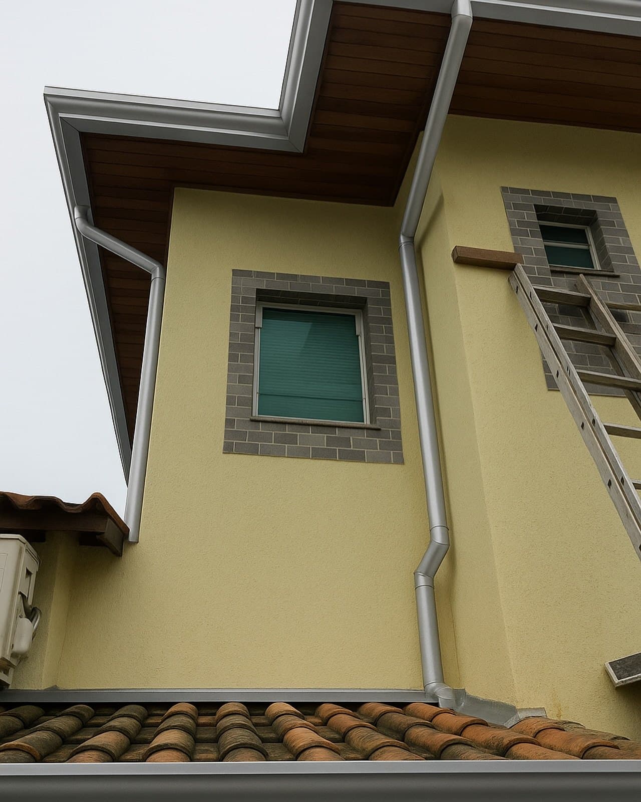 Calha de beiral branca e condutor instalados em um sobrado amarelo